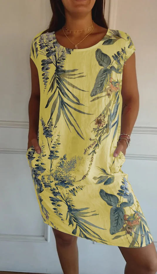 Printed dress with round neckline – Eveline-Yellow-S-Nora Luxe