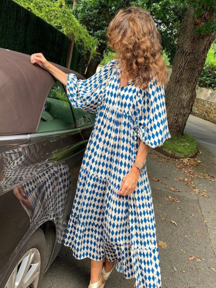 Printed maxi dress with waist band – Aurelia-Blue-S-Nora Luxe