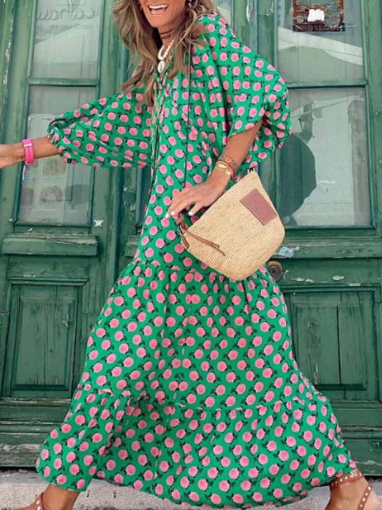 Printed maxi dress with waist band – Aurelia-Green-S-Nora Luxe