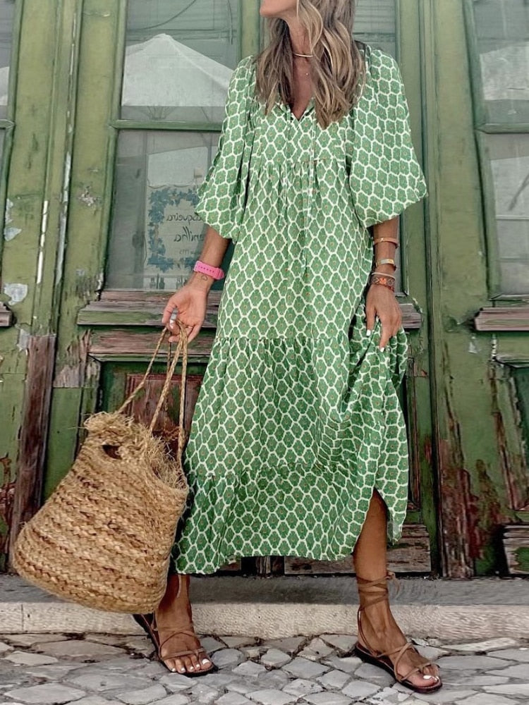 Printed maxi dress with waist band – Aurelia-Light green-S-Nora Luxe