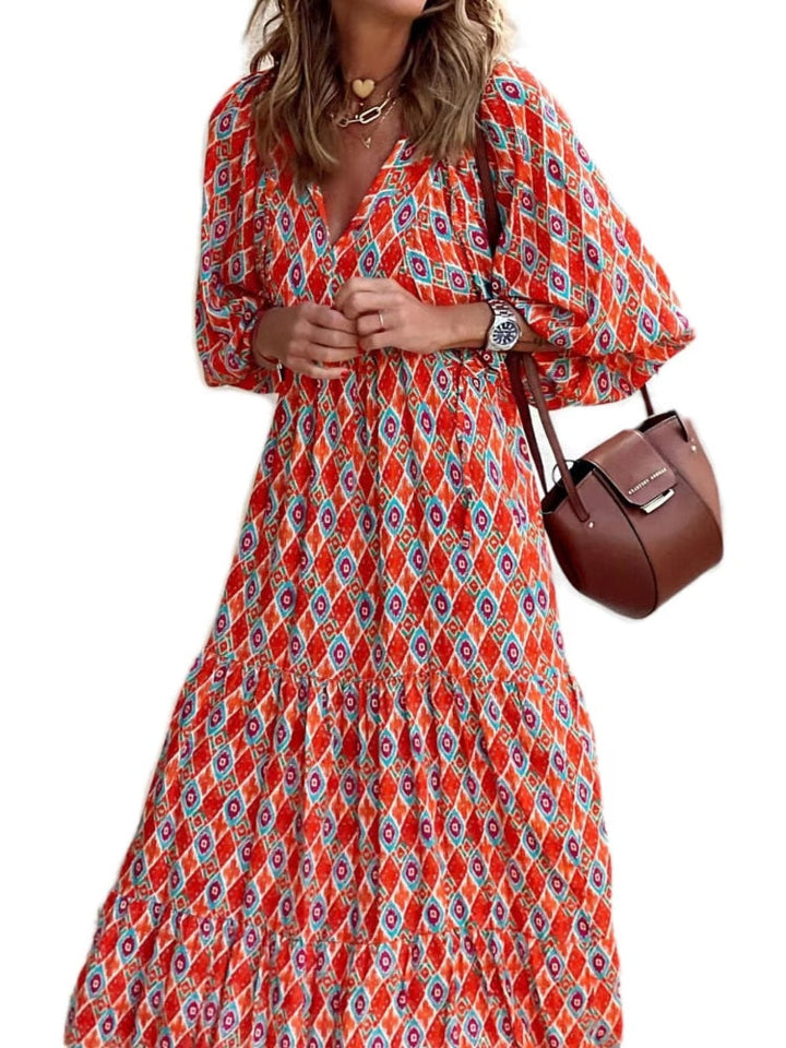 Printed maxi dress with waist band – Aurelia-Orange-S-Nora Luxe