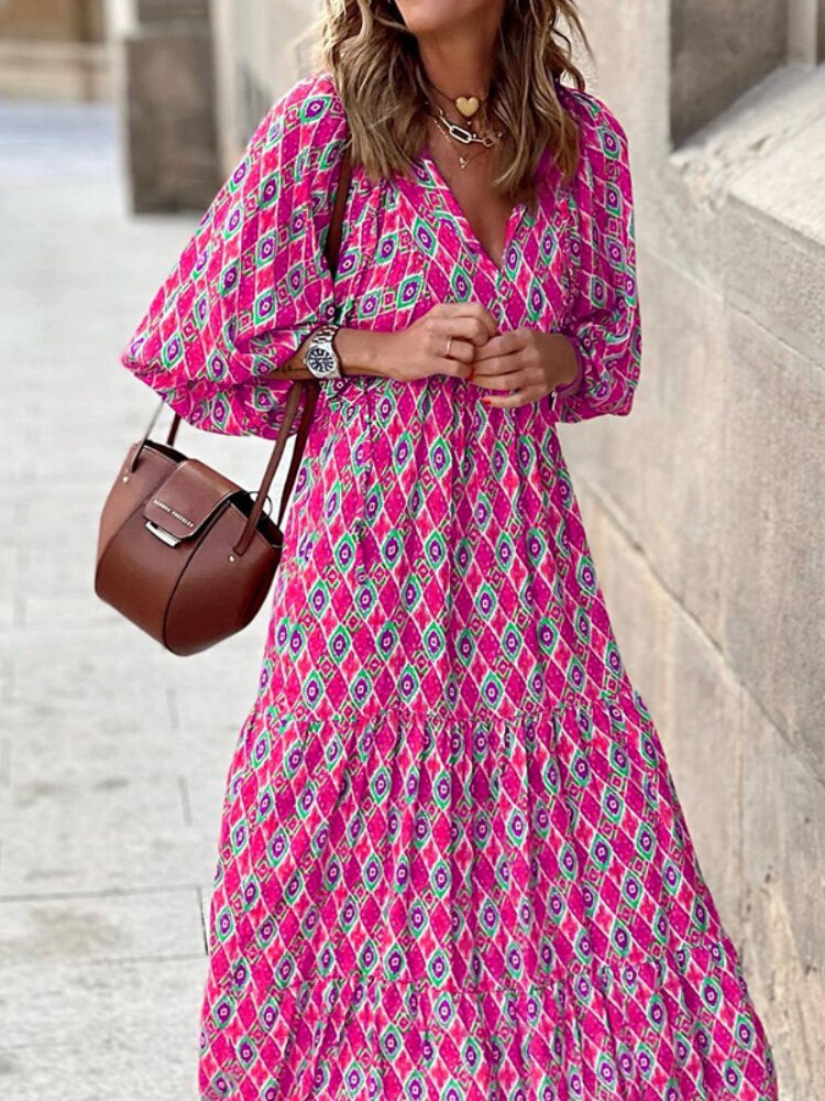 Printed maxi dress with waist band – Aurelia-Pink-S-Nora Luxe