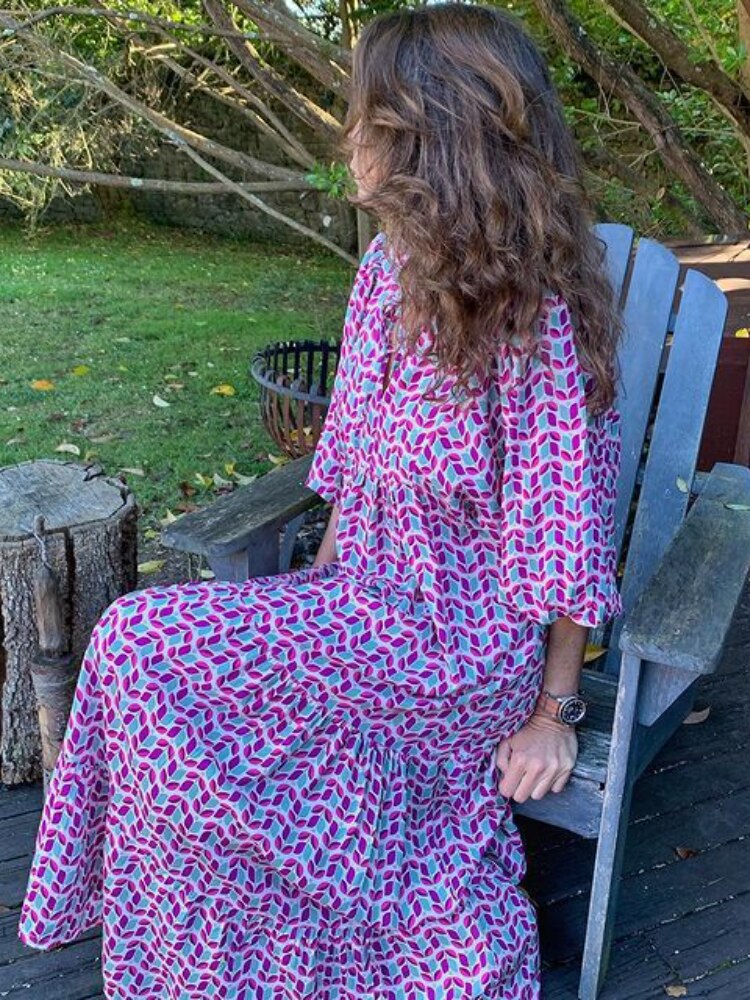 Printed maxi dress with waist band – Aurelia-Purple Blue-S-Nora Luxe
