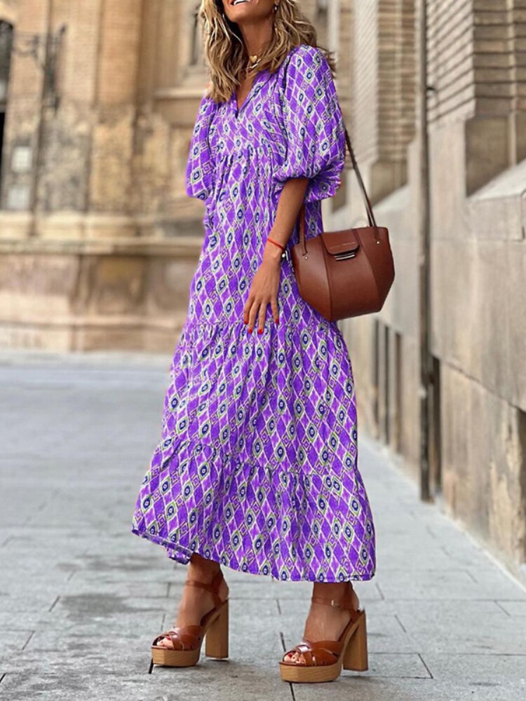 Printed maxi dress with waist band – Aurelia-Purple-S-Nora Luxe