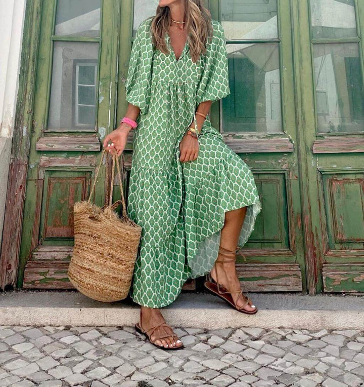 Printed maxi dress with waist band – Aurelia-Red-S-Nora Luxe