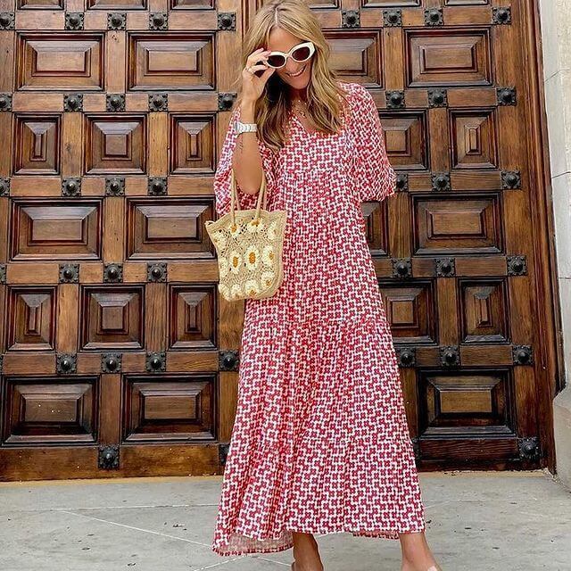 Printed maxi dress with waist band – Aurelia-Red-S-Nora Luxe