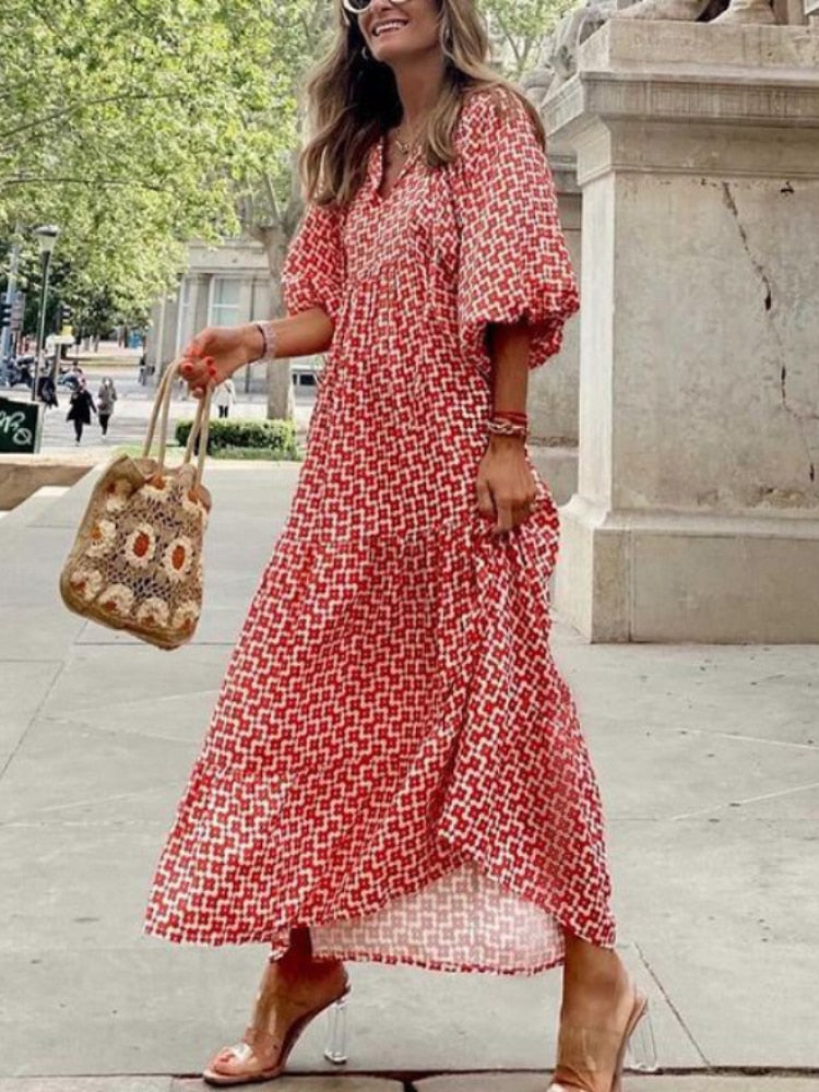 Printed maxi dress with waist band – Aurelia-Red-S-Nora Luxe
