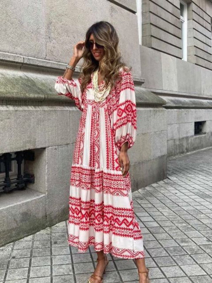 Printed maxi dress with waist band – Aurelia-Red White-S-Nora Luxe