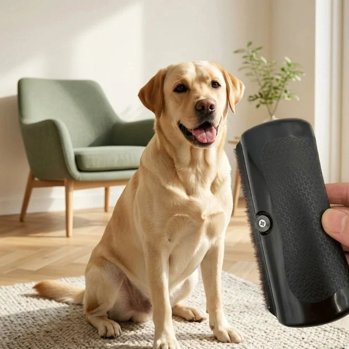 GlowBrush black grooming comb held toward a yellow Labrador in a living room.