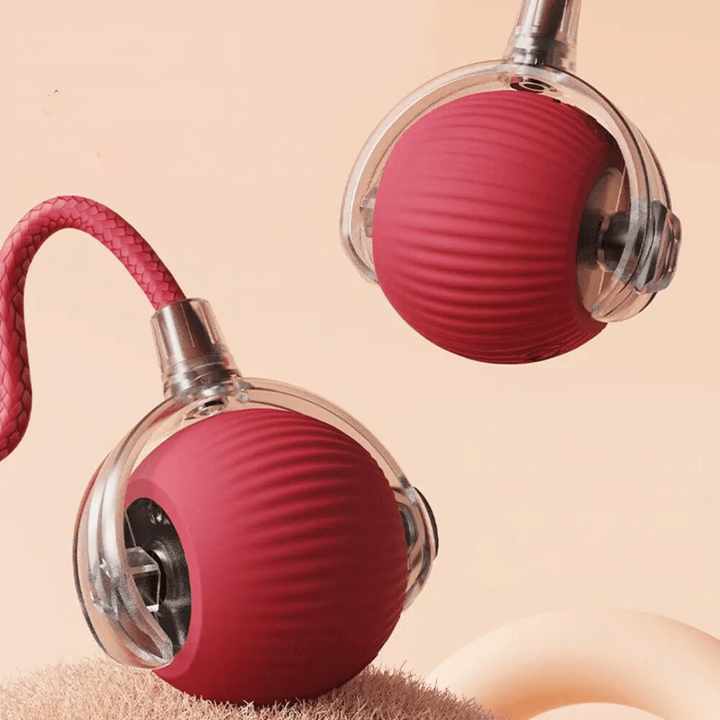 Close-up of two red ribbed balls in clear frames showing the internal mechanism and braided rope on a peach background. 15