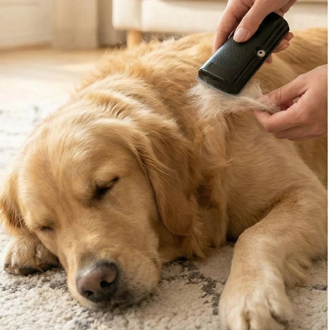 GlowBrush black comb lifting loose golden undercoat from a golden retriever.