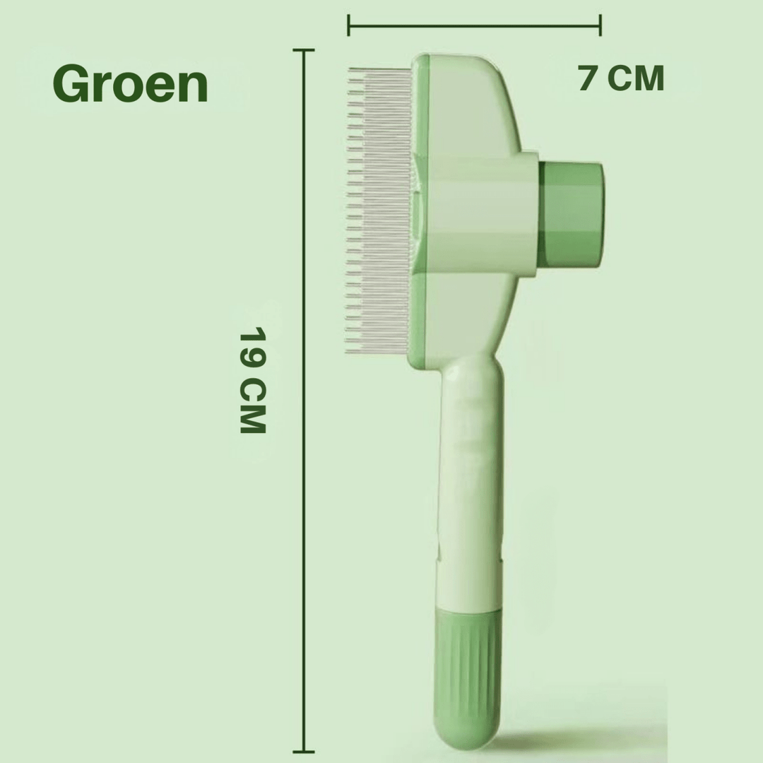 Green comb shown upright with dimension lines marking its height and head width.