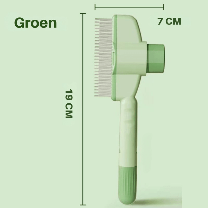 Green comb shown upright with dimension lines marking its height and head width.