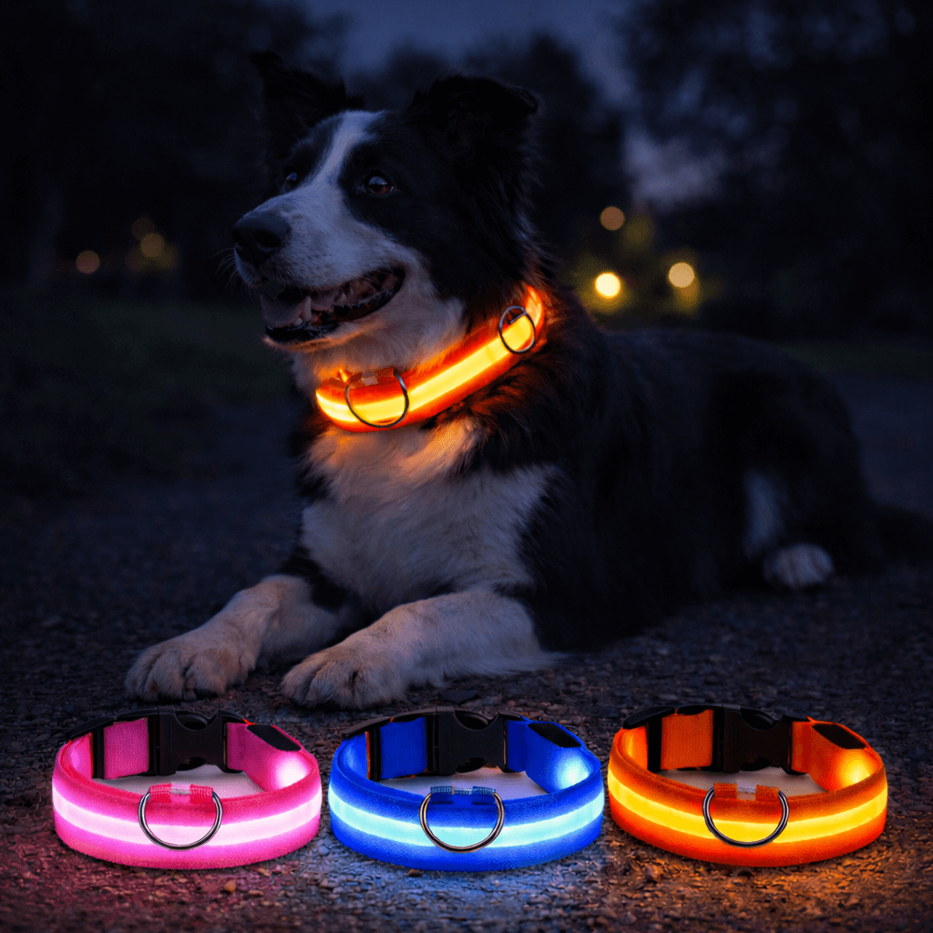 Border collie resting outdoors at night in a glowing orange collar, with pink, blue and orange collars in front 3