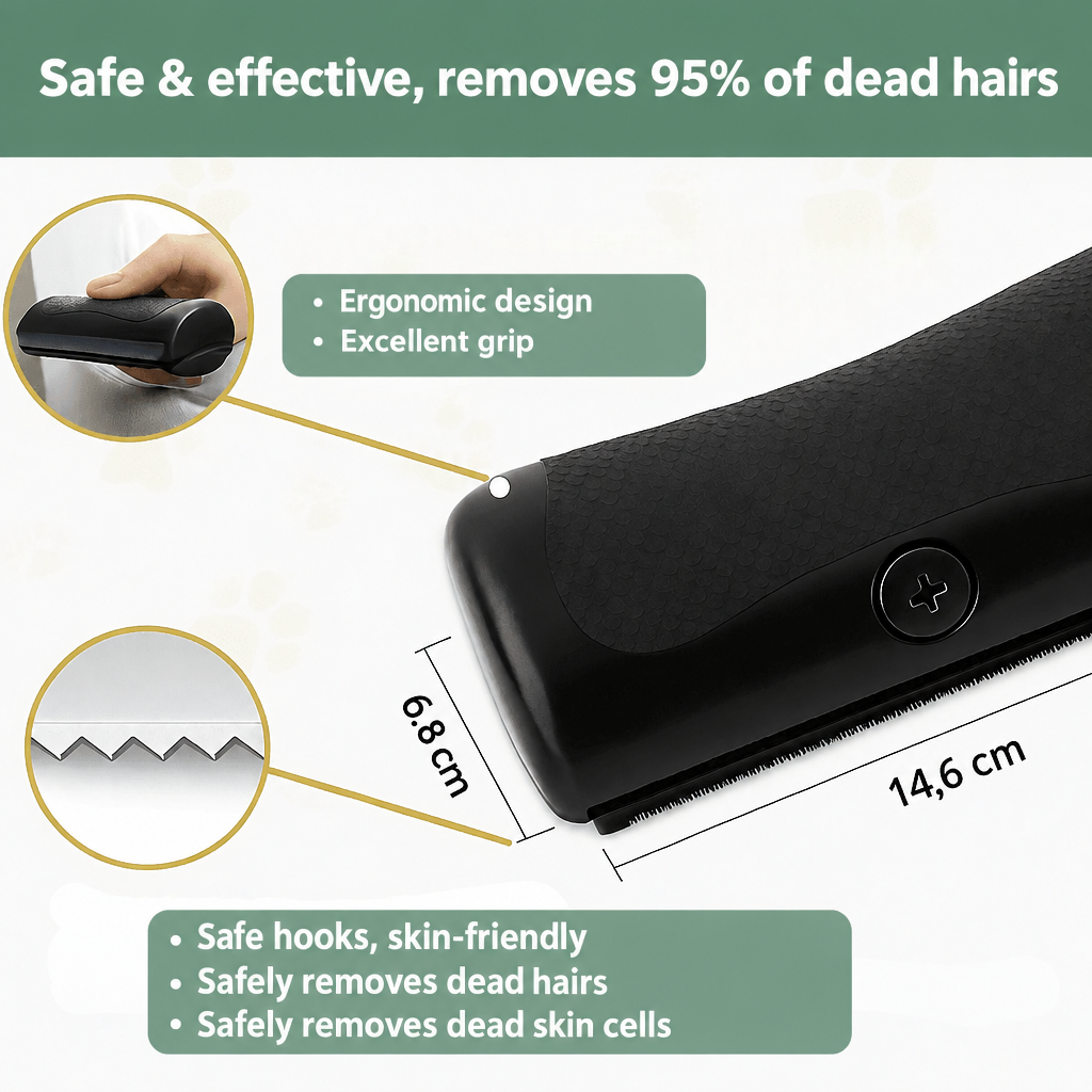 GlowBrush black comb infographic showing its toothed edge, ergonomic grip and dimensions.