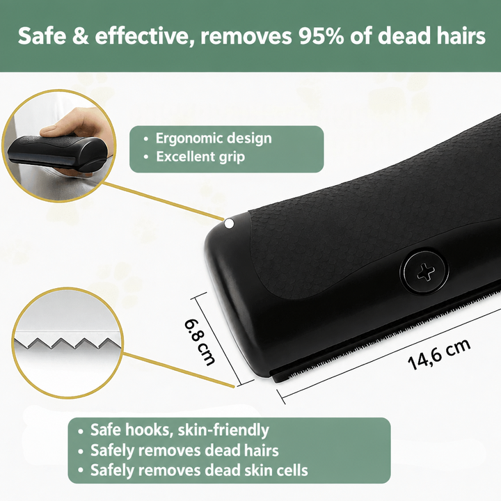 GlowBrush black comb infographic showing its toothed edge, ergonomic grip and dimensions.