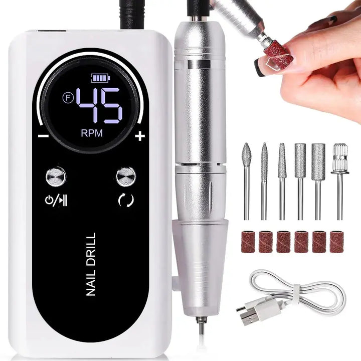 PROFESSIONAL 45000RPM PORTABLE ELECTRIC NAIL FILE WITH RECHARGEABLE BATTERY | LOW NOISE LEVEL FOR MANICURE-White-Nora Luxe