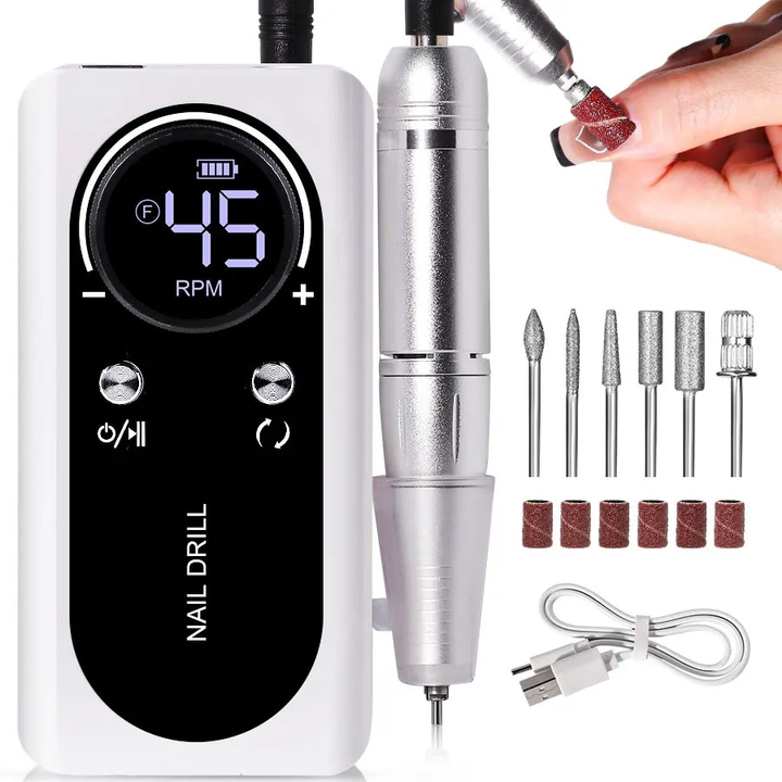 PROFESSIONAL 45000RPM PORTABLE ELECTRIC NAIL FILE WITH RECHARGEABLE BATTERY | LOW NOISE LEVEL FOR MANICURE-White-Nora Luxe
