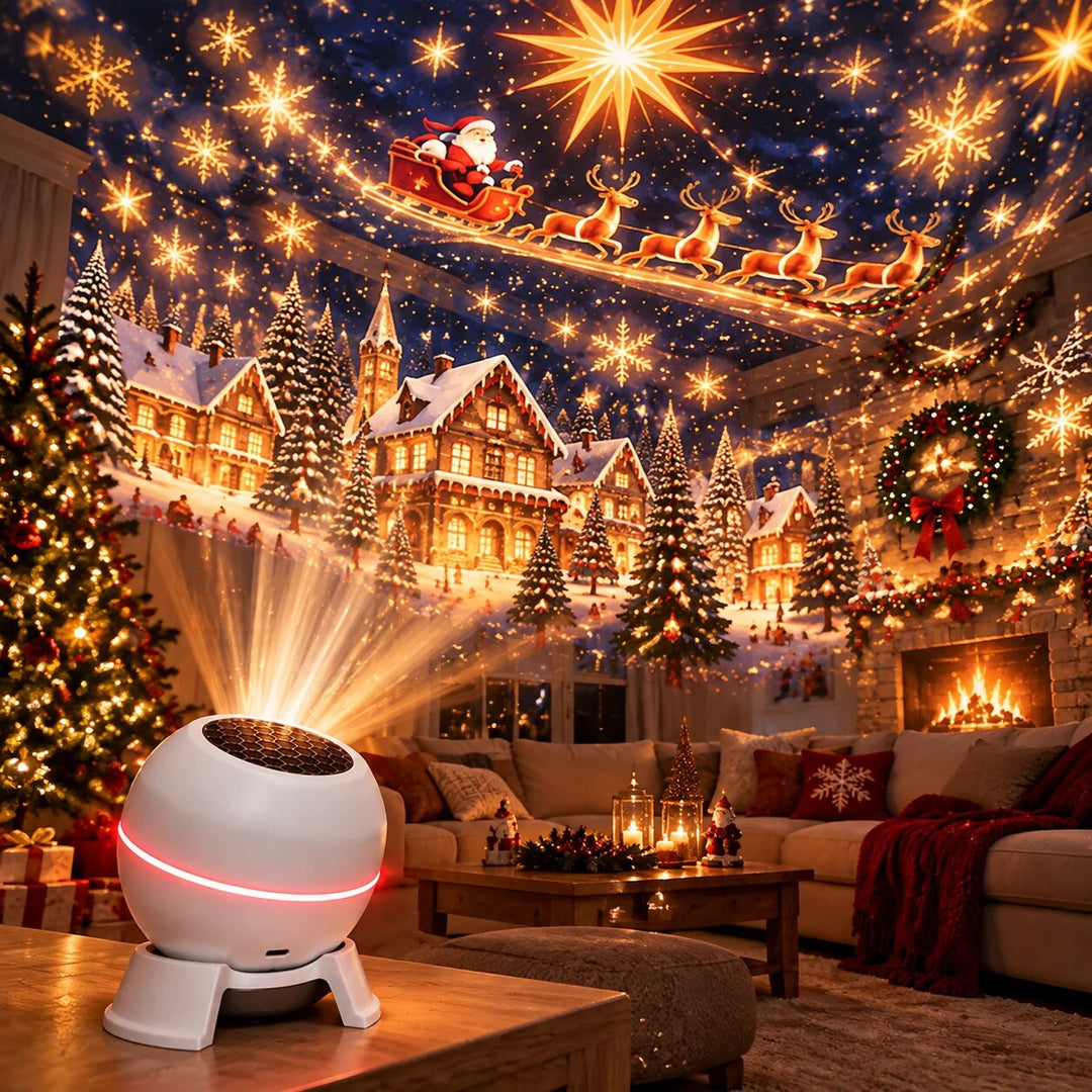 White round projector on a table casting Santa's sleigh and snowy village scenes across a decorated living room 1