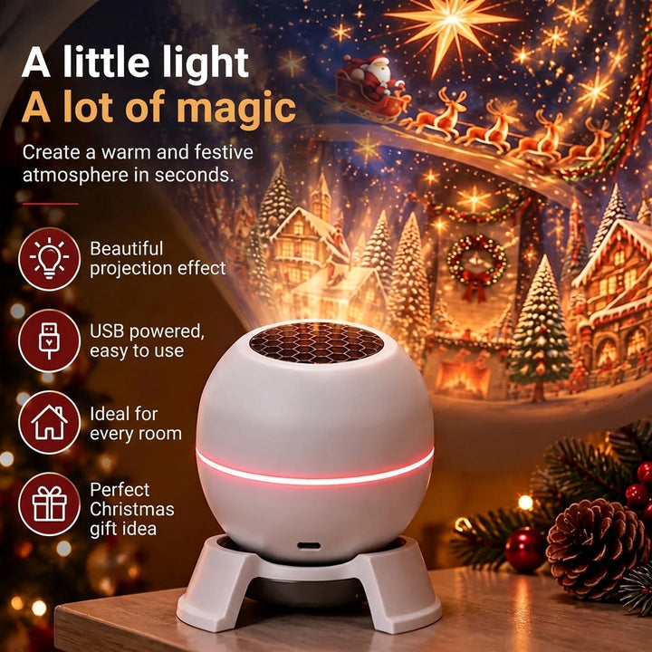 Projector on a wooden shelf beside pine cones, with icons listing its main features and a festive projection behind 2