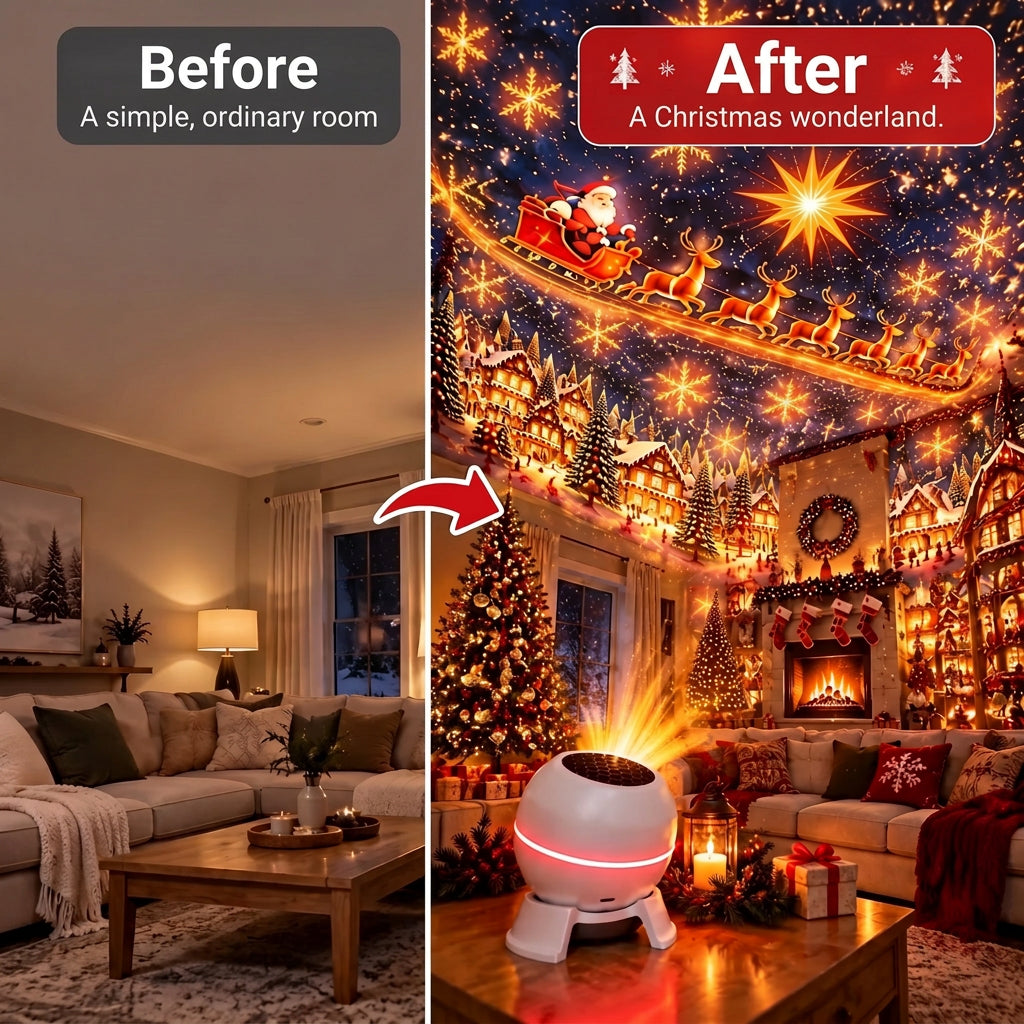 Before-and-after comparison of a plain living room and the same room filled with holiday projections 3