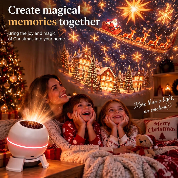 Smiling mother and two children in pajamas watching the projector's glowing Christmas scenes on the wall 4