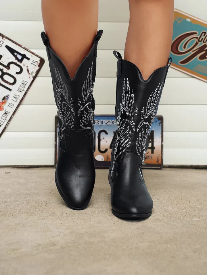 PU Leather Ladies Cowboy Boots with Soft Lining - Clara-Black-4.5-Nora Luxe
