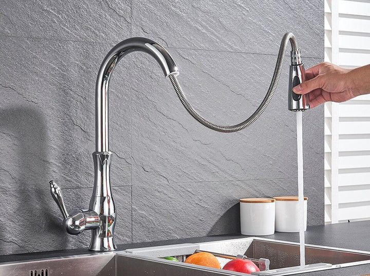 Pull-Out Kitchen Tap - FlexFlow-Brushed Steel-Nora Luxe