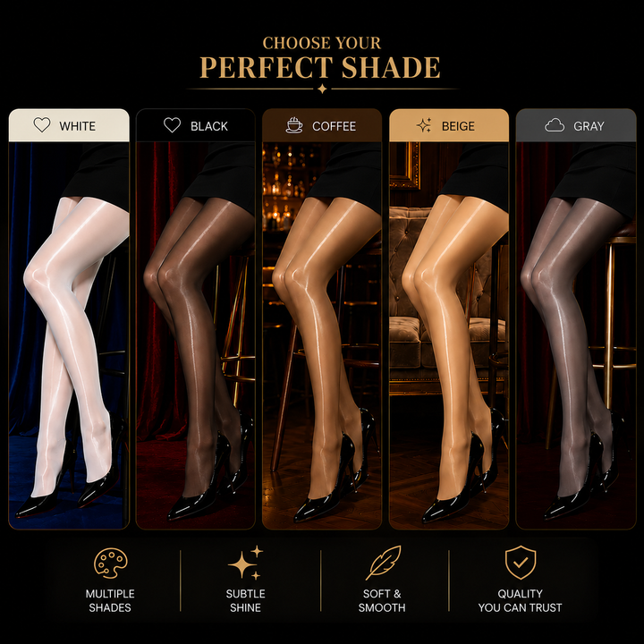Five pairs of glossy tights on legs in white, black, coffee, beige and gray.