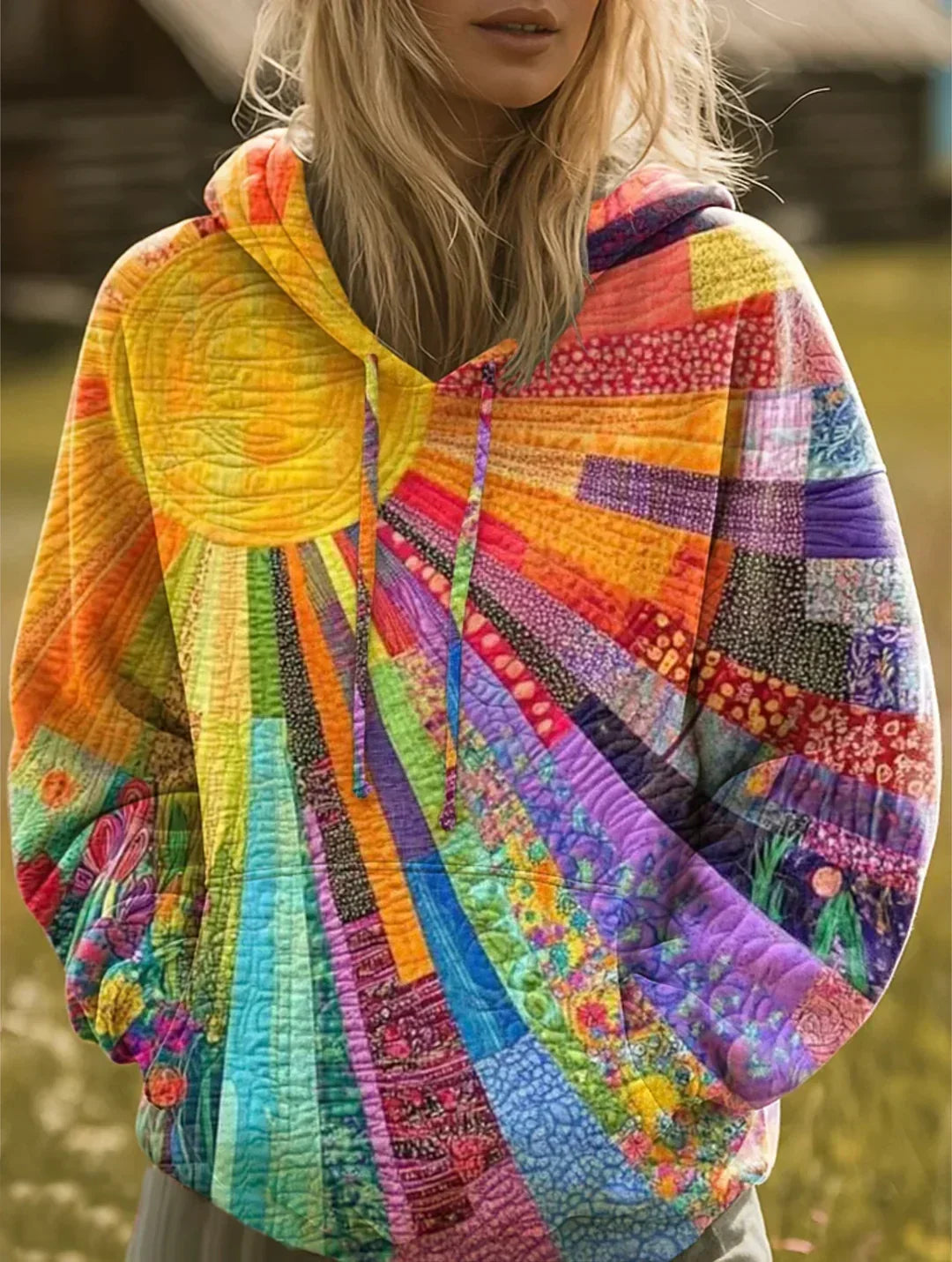 Bohemian multicolor patchwork hoodie for women with a sunburst print and drawstring hood