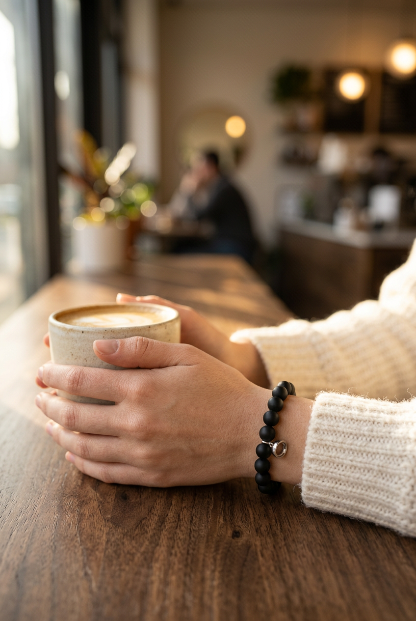 Woman's hands wrapped around a latte in a ceramic cup, wearing a matte black beaded bracelet 1