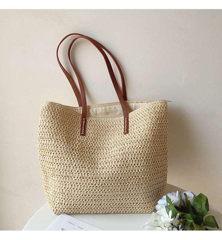 Rattan Woven Bag with Leather Straps - SummerBreeze Tote-White-Nora Luxe