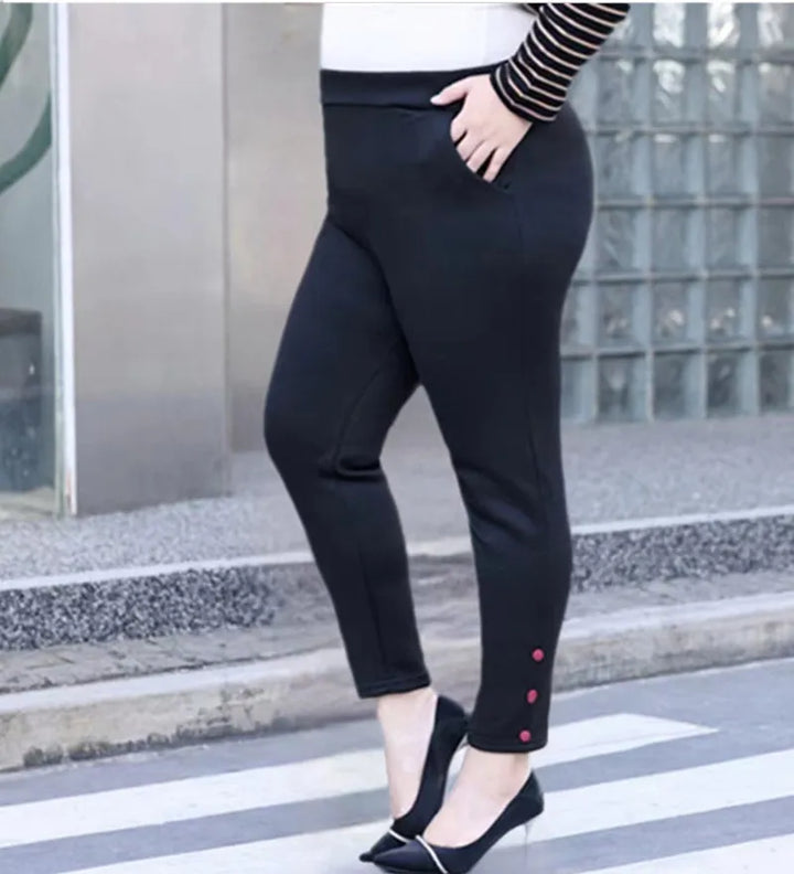 Damen schwarze Leggings mit Knöpfen, Plus Size, bequem, modisch, ideal für Sommermode.