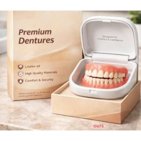 Pink-gummed full arch denture set in an open white storage case