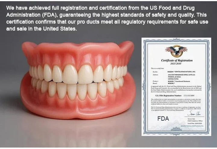 Full arch denture set beside a registration certificate and text