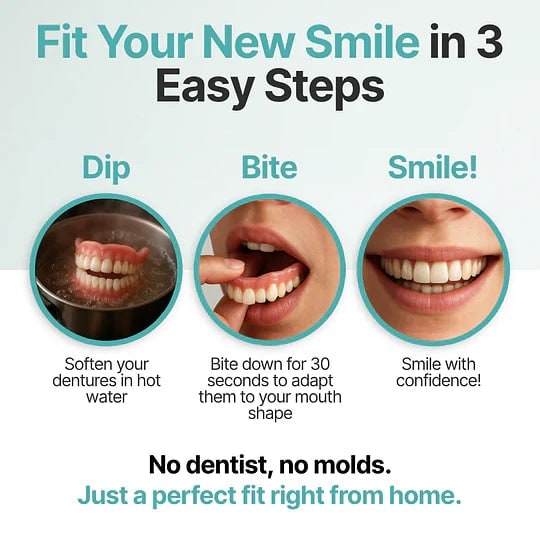 Three-step fitting guide with dentures softening in hot water and a smile