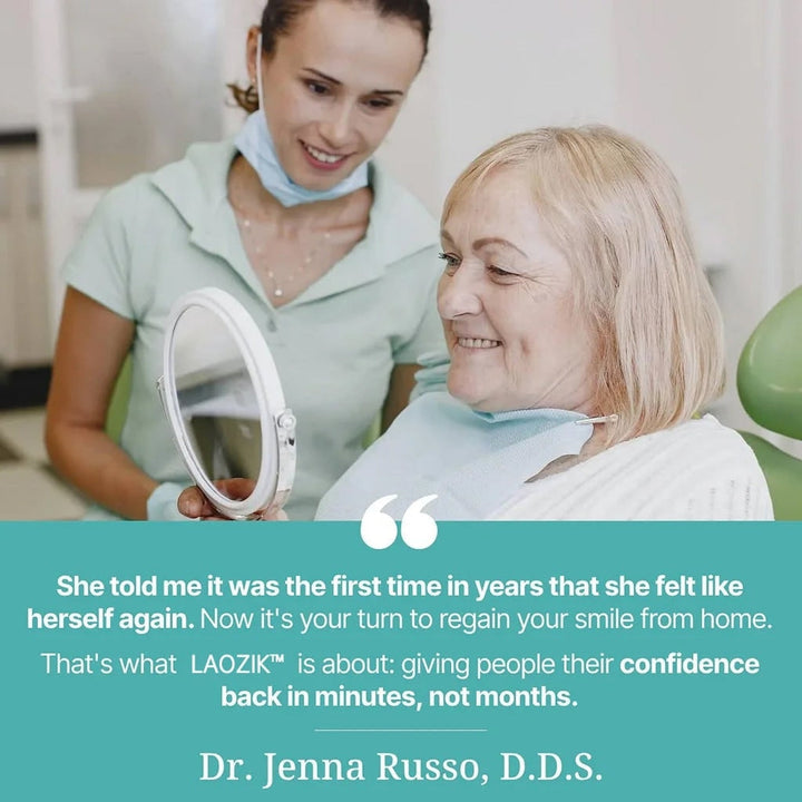Dental assistant and blonde older woman with a denture smile another view