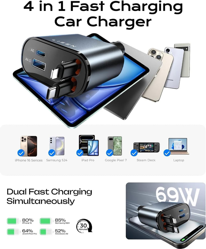 Retractable Car Charger 69W USB C-Black - USB Type C - 24 Volt-Nora Luxe
