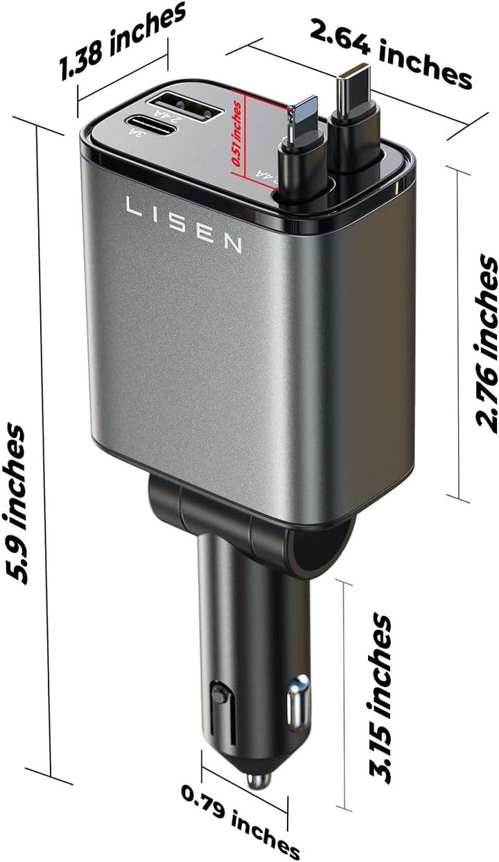 Retractable Car Charger 69W USB C-Black - USB Type C - 24 Volt-Nora Luxe