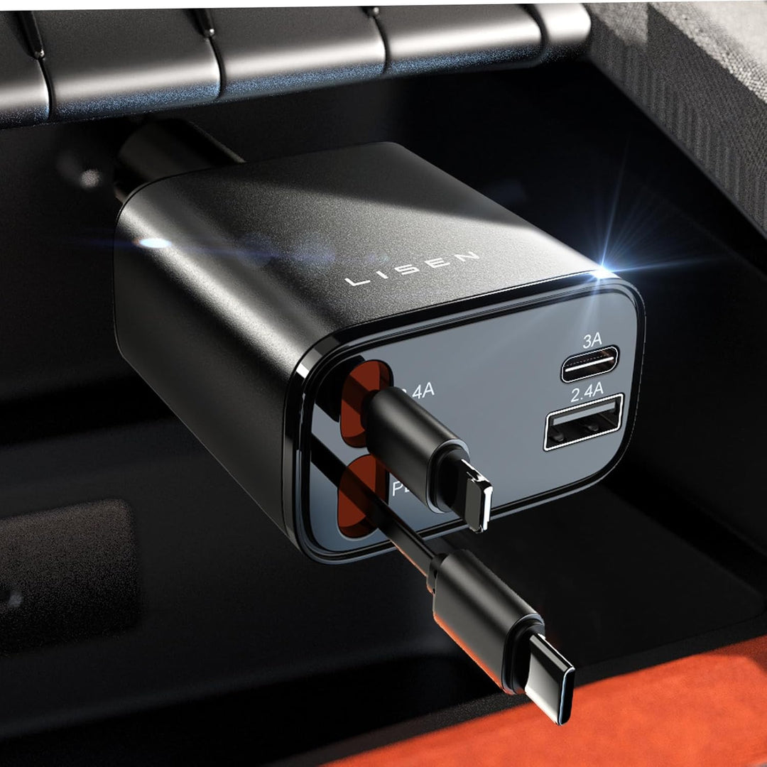 Retractable Car Charger 69W USB C-Black - USB Type C - 24 Volt-Nora Luxe