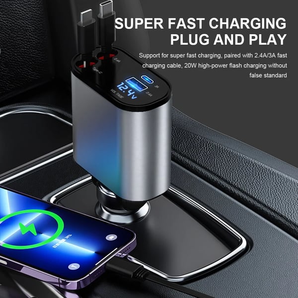 Retractable Car Fast Charger – VoltEdge-USB-C + iPhone-Nora Luxe