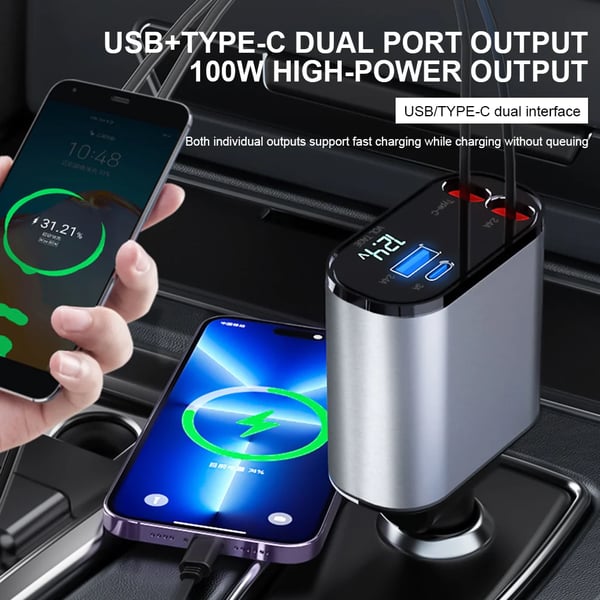 Retractable Car Fast Charger – VoltEdge-USB-C + iPhone-Nora Luxe