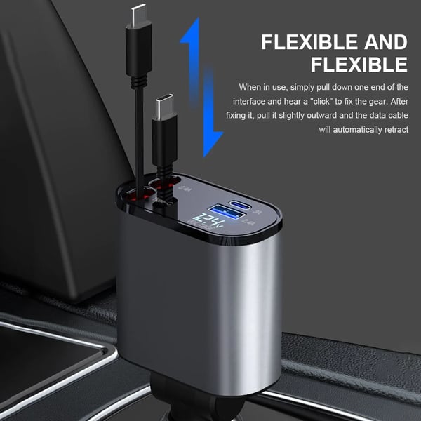 Retractable Car Fast Charger – VoltEdge-USB-C + iPhone-Nora Luxe