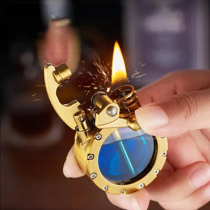 Another view of the lighter being lit, with sparks and a blue fuel window.