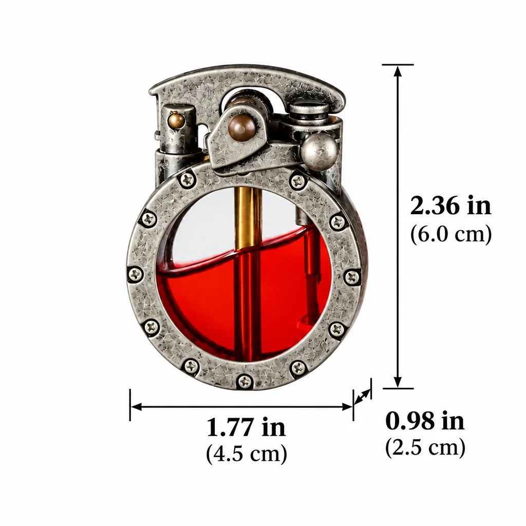 Front view of the silver lighter on a white background with dimension lines.