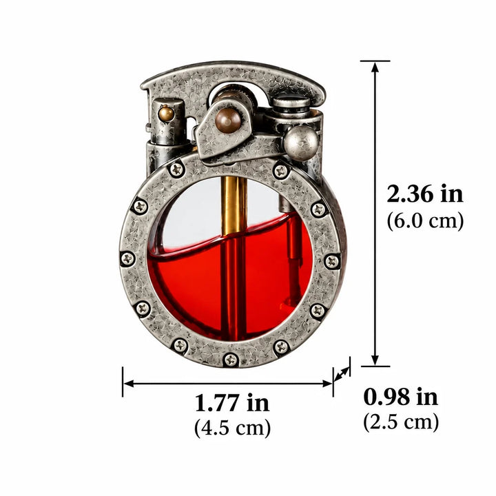 Front view of the silver lighter on a white background with dimension lines.
