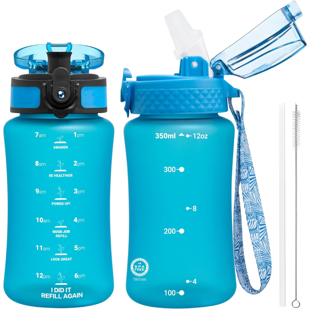 Reusable Tritan plastic water bottle with straw & chug lids-350 ml-Blue-Nora Luxe