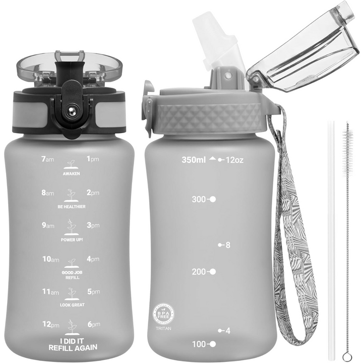 Reusable Tritan plastic water bottle with straw & chug lids-350 ml-Gray-Nora Luxe
