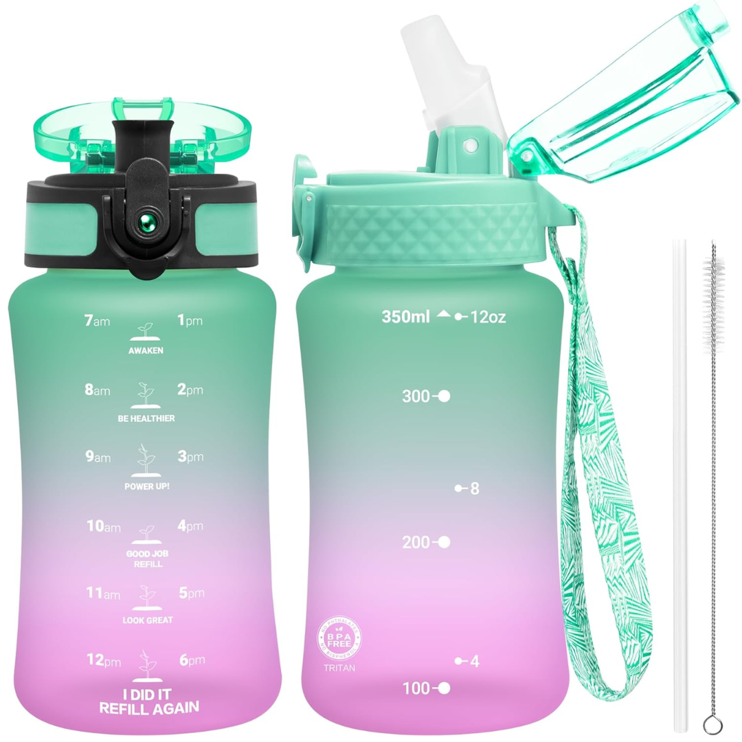 Reusable Tritan plastic water bottle with straw & chug lids-350 ml-Green Pink-Nora Luxe