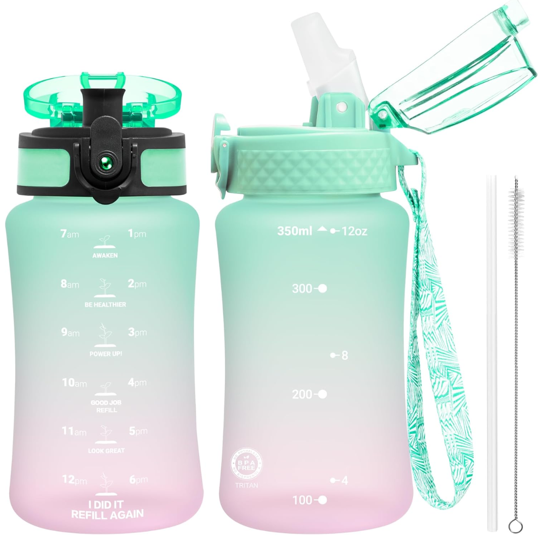 Reusable Tritan plastic water bottle with straw & chug lids-350 ml-Mint Pink-Nora Luxe